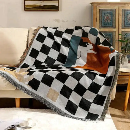 Black and white fox cozy plaid wool blend blanket with playful orange cat design and fringed edges for bedroom decorbites cozy plaid