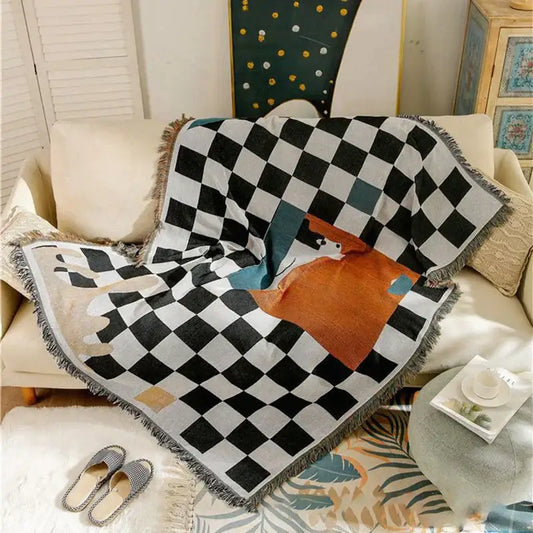 Black and white fox cozy plaid wool blend bedroom throw blanket with central orange fox and gray fringed edges
