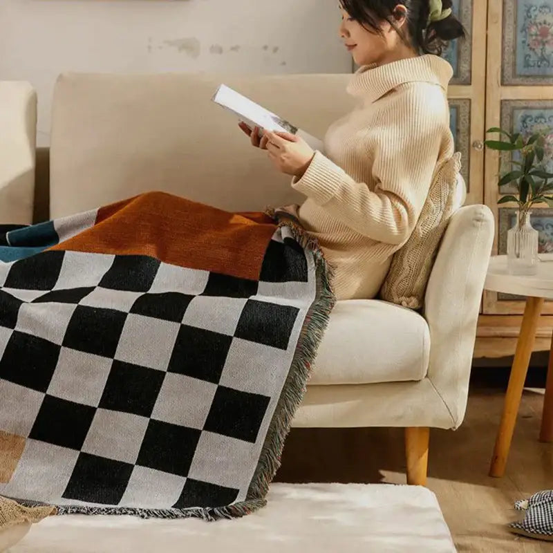 Black and gray checkered cozy plaid wool blend throw blanket with fringed edges for bedroom decorbites cozy plaid use