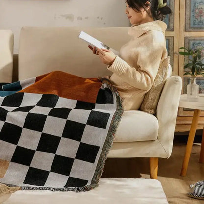 Black and gray checkered cozy plaid wool blend throw blanket with fringed edges for bedroom decorbites cozy plaid use
