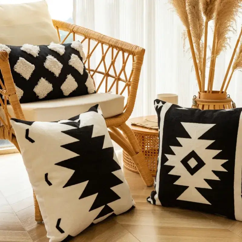 Black and white geometric embroidered cushion cover with textured details for living room decor by decorbites