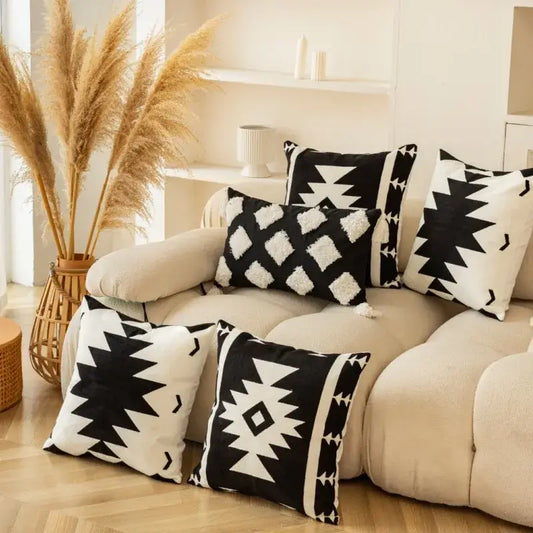 Black and white geometric embroidered cushion cover with textured embroidery for living room decor by decorbites