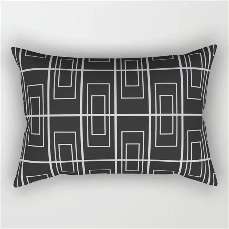 Black rectangular pillow with modern white outlined rectangles featuring geometric wave line pattern for bedroom decor