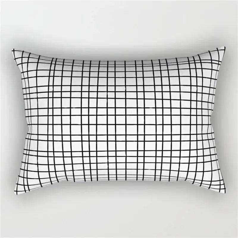 Rectangular pillow with minimalist black and white geometric wave line grid pattern for bedroom decor