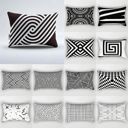 Black and white geometric wave line pillowcase with bold swirling lines for bedroom decor and home accents