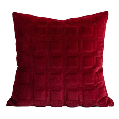 Deep red velvet throw pillow with quilted grid pattern complementing decorbites jungle plant raccoon pillow cover decor