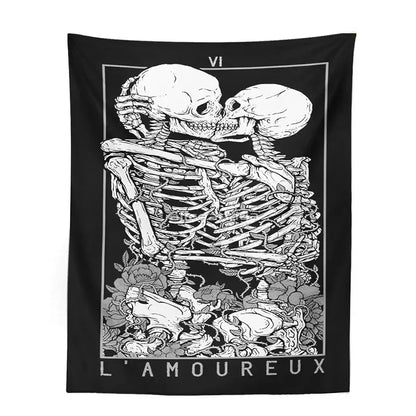 Black and white kissing lovers tarot tapestry featuring two skeletons kissing for bedroom wall decor by decorbites
