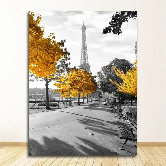 A framed DecorBites™ black and white nordic landscape canvas set featuring the Eiffel Tower and yellow autumn trees