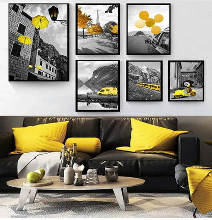 Set of six black-framed art prints with selective yellow accents in white nordic landscape canvas set DecorBites™