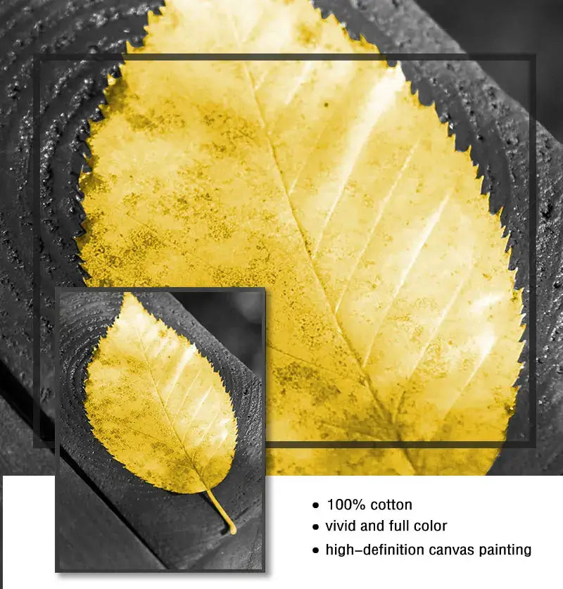 A vibrant yellow leaf printed on 100% cotton canvas in the decorbites™ black and white nordic landscape canvas set
