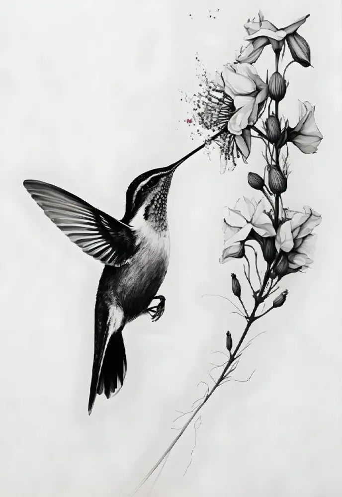 DecorBites™ black and white ink wall art featuring a hummingbird with white mountain tree floral elements