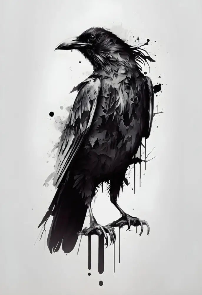 Decorbites™ black and white mountain tree landscape wall art featuring detailed ink illustration of a crow with splattered paint effects