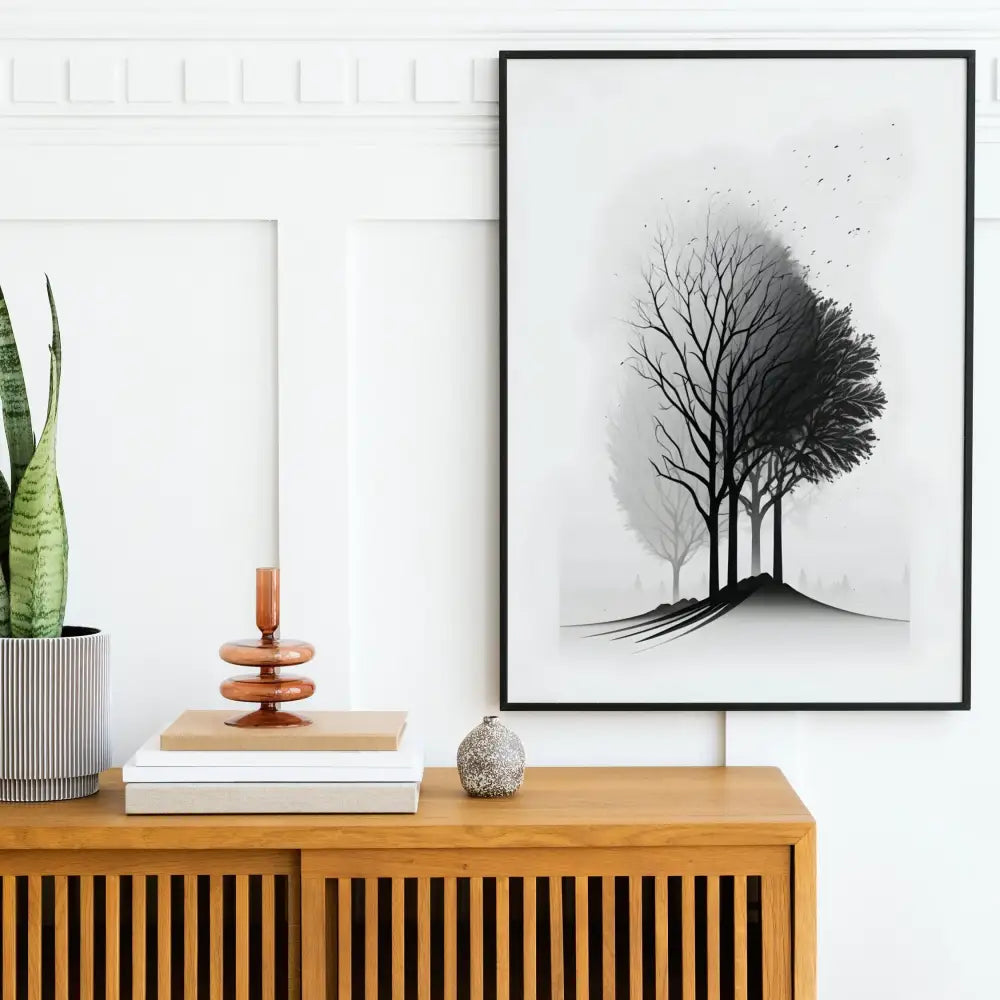 Decorbites™ black and white mountain tree landscape wall art with black frame and minimalist grayscale stylized tree design
