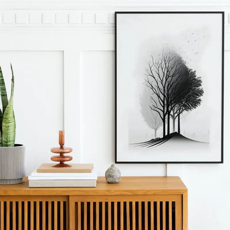 Decorbites™ black and white mountain tree landscape wall art featuring minimalist grayscale ink wash mountain tree design
