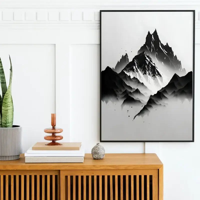 Black-framed minimalist DecorBites™ wall art featuring a white mountain tree landscape with gradient grayscale peaks