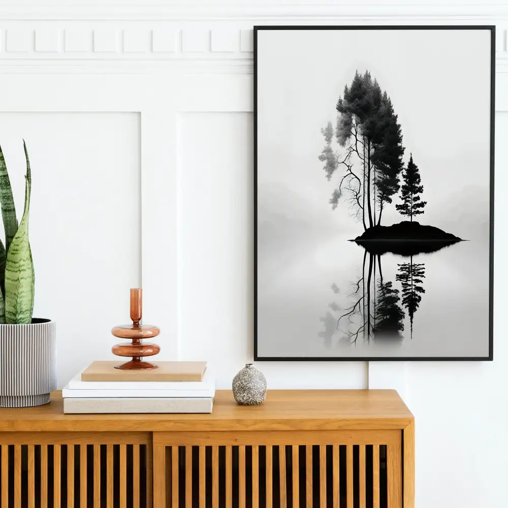 Decorbites™ black and white mountain tree landscape wall art featuring minimalist white mountain tree silhouette on island