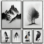 Set of six black and white mountain tree minimalist art prints by decorbites featuring ink wash landscapes with peaks and trees