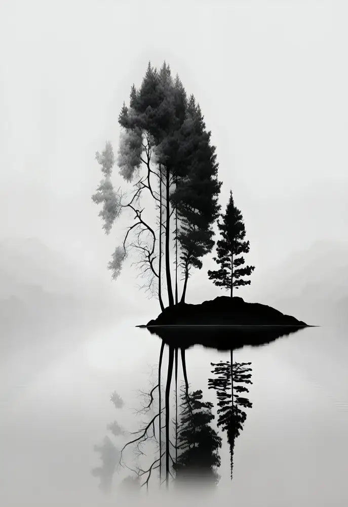 Decorbites™ black and white mountain tree landscape wall art featuring solitary pine trees on a misty island reflection