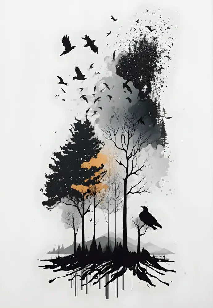 Stylized black and gray silhouette forest scene with birds and a crow in the decorbites™ black and white mountain tree wall art