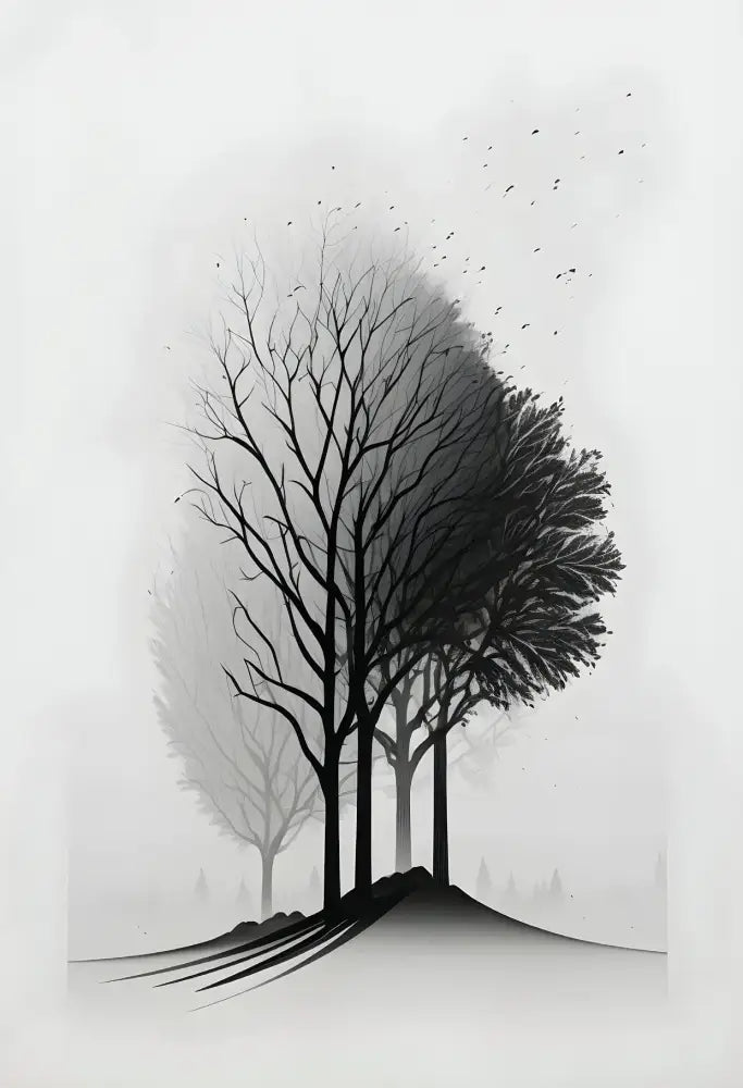 Stylized black and white DecorBites™ wall art featuring a mountain tree with bare branches and dense foliage on gradient background
