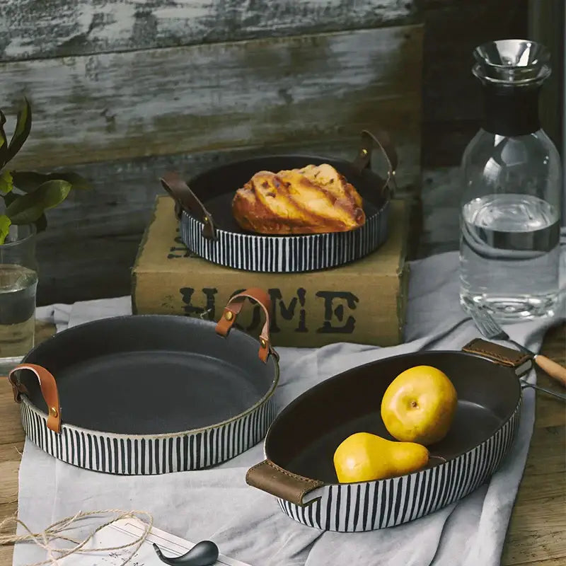Black and white striped porcelain bowl with leather handle for dining room by decorbites made of ceramic