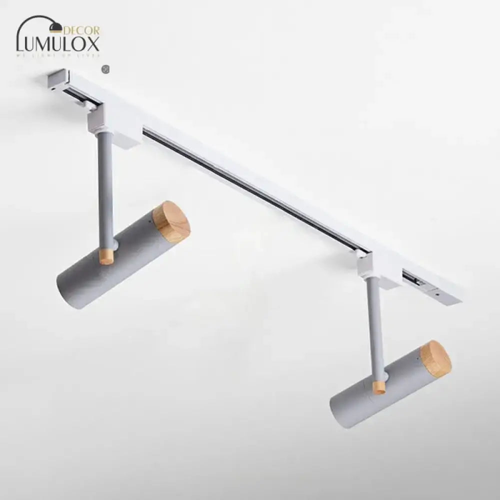 Modern gray cylindrical track lights with wooden caps designed by lumulox in the decorbites nordic tubular metallic spotlight series