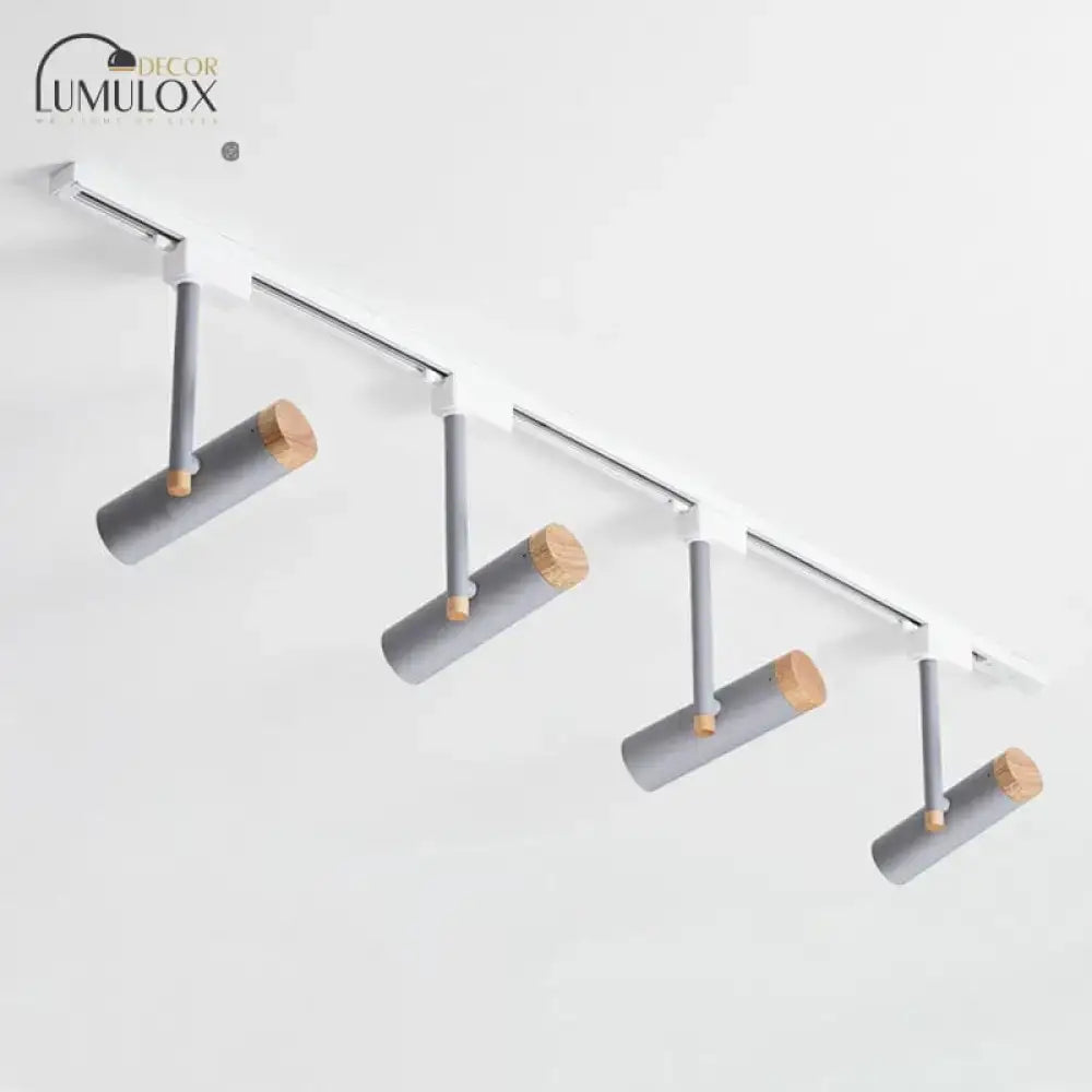 DecorBites™ Nordic tubular metallic spotlight white track lighting system with wooden accents for modern interiors