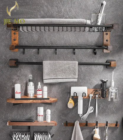 Black and wood bathroom hardware set with storage shelf featuring metal hooks, towel bars, and shelves for decorbites bathroom organization