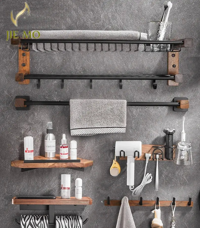 Black and wood bathroom hardware set with storage shelf featuring metal hooks, towel bars, and shelves for decorbites bathroom organization