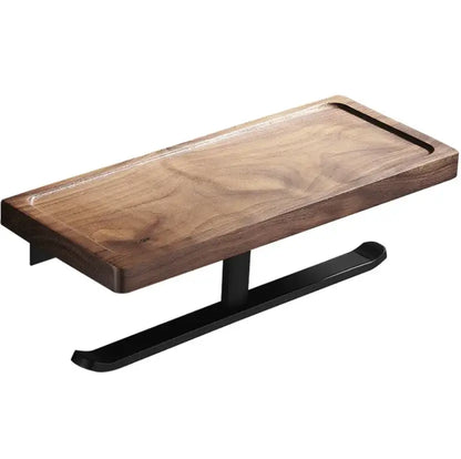 A sleek walnut wood tray with dark brown finish and black metal stand in decorbites bathroom hardware storage shelf set