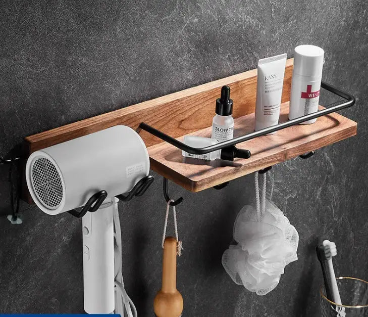 Black and wood bathroom hardware set with storage shelf featuring a wooden shelf with black metal frame and hooks for decorbites bathroom hardware