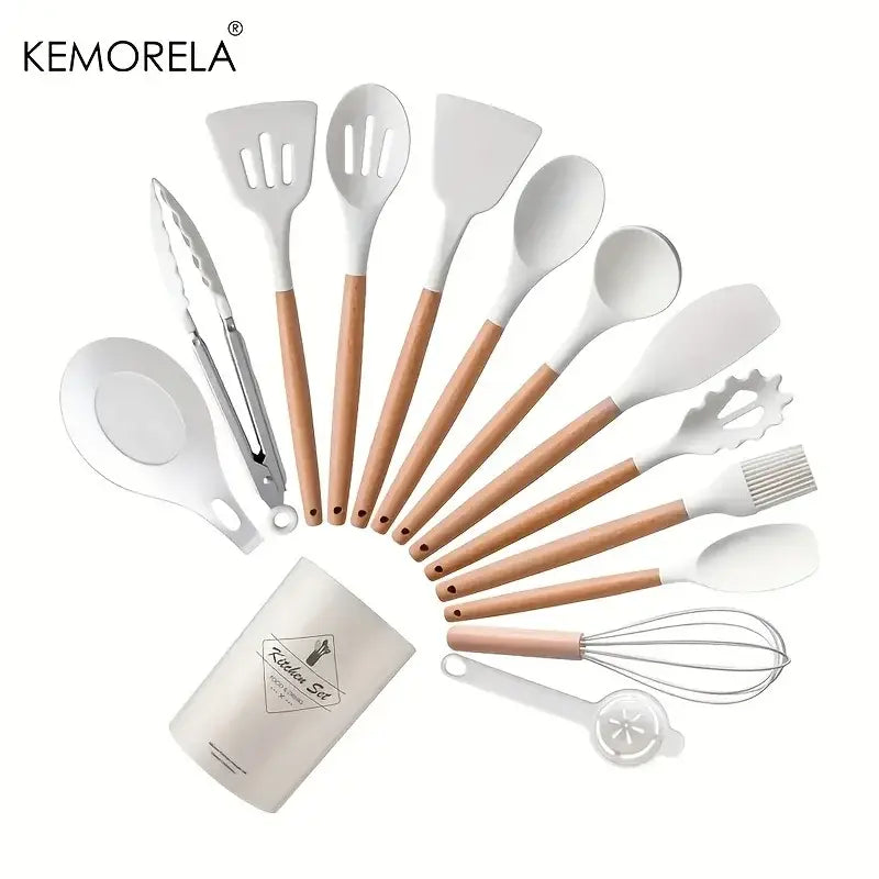 Kemorela 12-piece silicone kitchen utensil set with white silicone heads and light wood handles in black and wood storage box