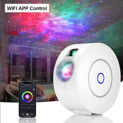 White circular black aurora galaxy projector night light with glowing lens and blue accent ring for wifi app control