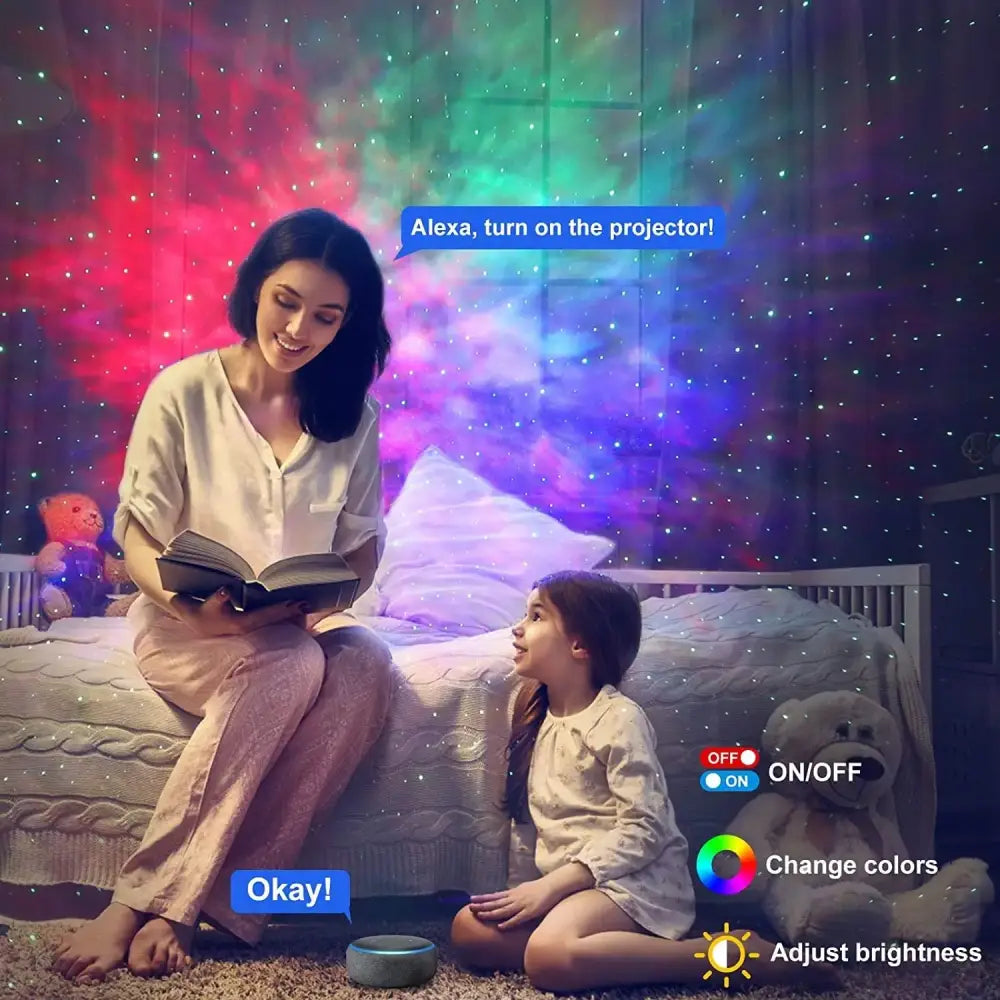 Black aurora galaxy projector night light with circular matte finish and ambient lighting controls for bedroom use