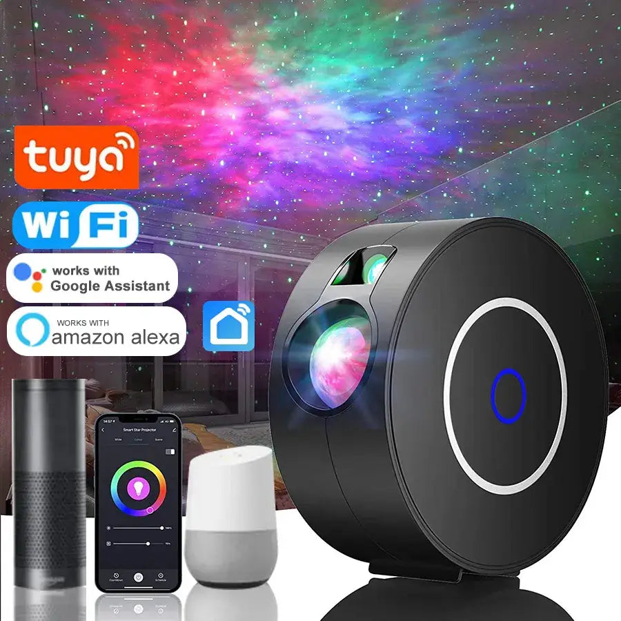 Black aurora galaxy projector night light with glowing lens and circular light ring for smart home projector night use