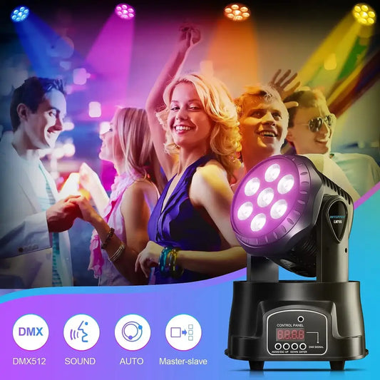 Black big dipper rgbw mini moving head party light with seven bright purple led bulbs and digital control panel