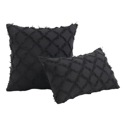 Black boho lumbar pillow cover with textured diamond pattern and frayed edges for bedroom decorbites black boho decor
