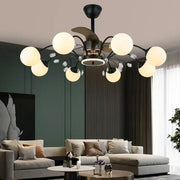 Black branch ceiling fan with multiple frosted glass globe fan lights and crystal accents for bedroom use