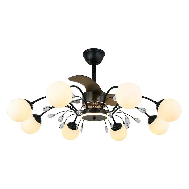 Black branch ceiling fan with globe lights and crystal accents featuring frosted glass shades for bedroom fan lights