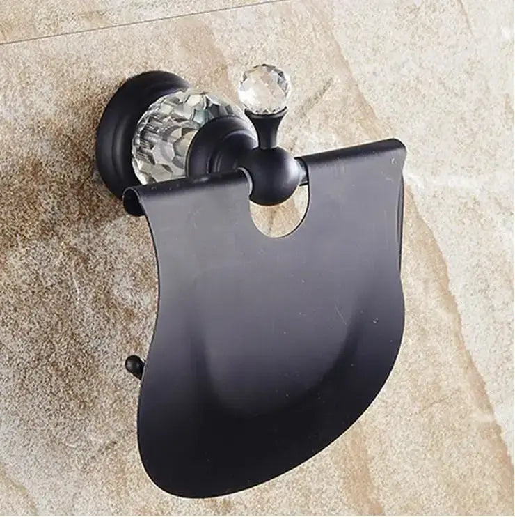 Black brass toilet paper holder with black matte finish and crystal accents from bathroom accessories set