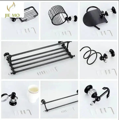 Black brass bathroom accessories set with crystal accents and ornate detailing for elegant bathroom hardware design