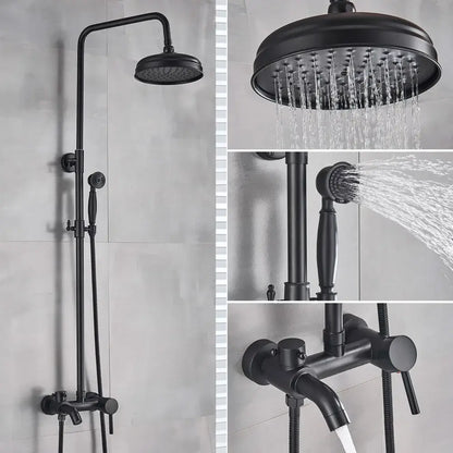 Black matte shower set with large overhead rainhead handheld spray and wall-mounted control valve decorbites black bronze bathroom
