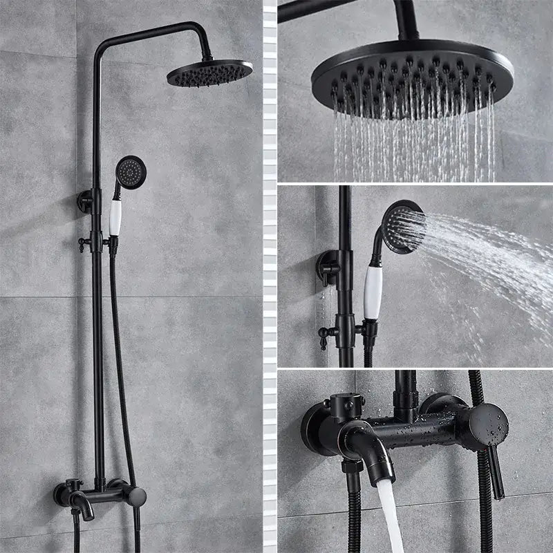 Black matte shower set with fixed overhead rainhead and handheld spray nozzle for black bronze bathroom decorbites design