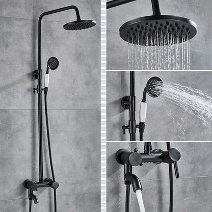 Black bronze bathroom shower set with matte black finish, tall overhead rainhead, handheld spray, and wall-mounted control valve