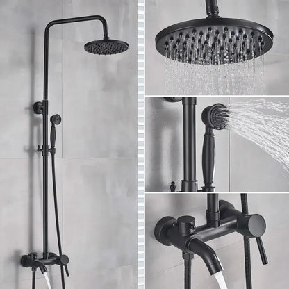 Black matte shower set with large overhead rainhead handheld spray and wall-mounted control valve decorbites black bronze bathroom