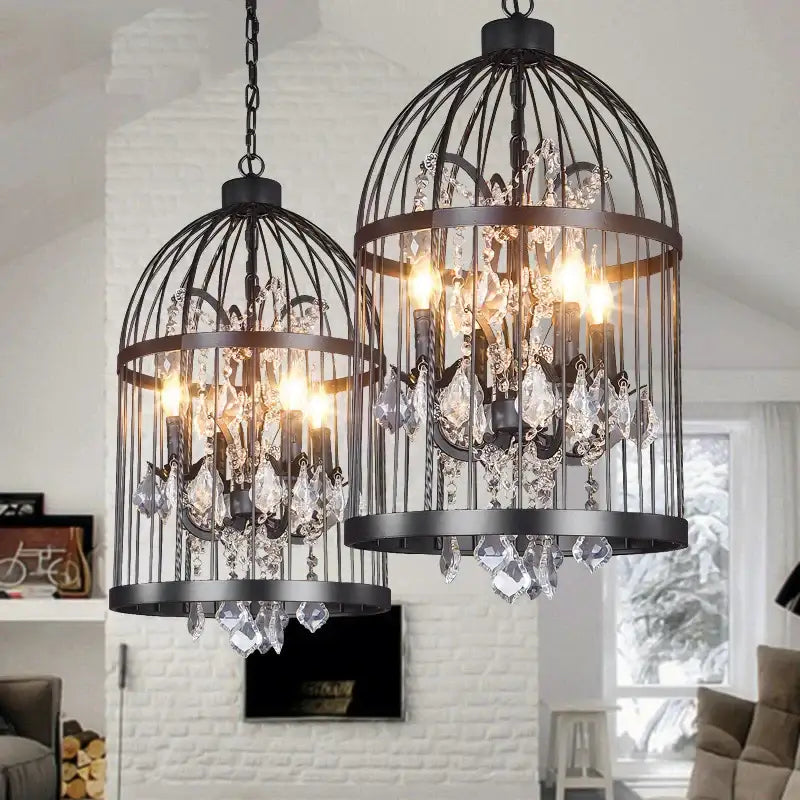 Black and bronze decorbites iron birdcage crystal chandelier with dangling droplets for dining room lighting
