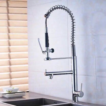 Chrome finished flexible kitchen mixer faucet with black grip handle and pull out spray head in black bronze design