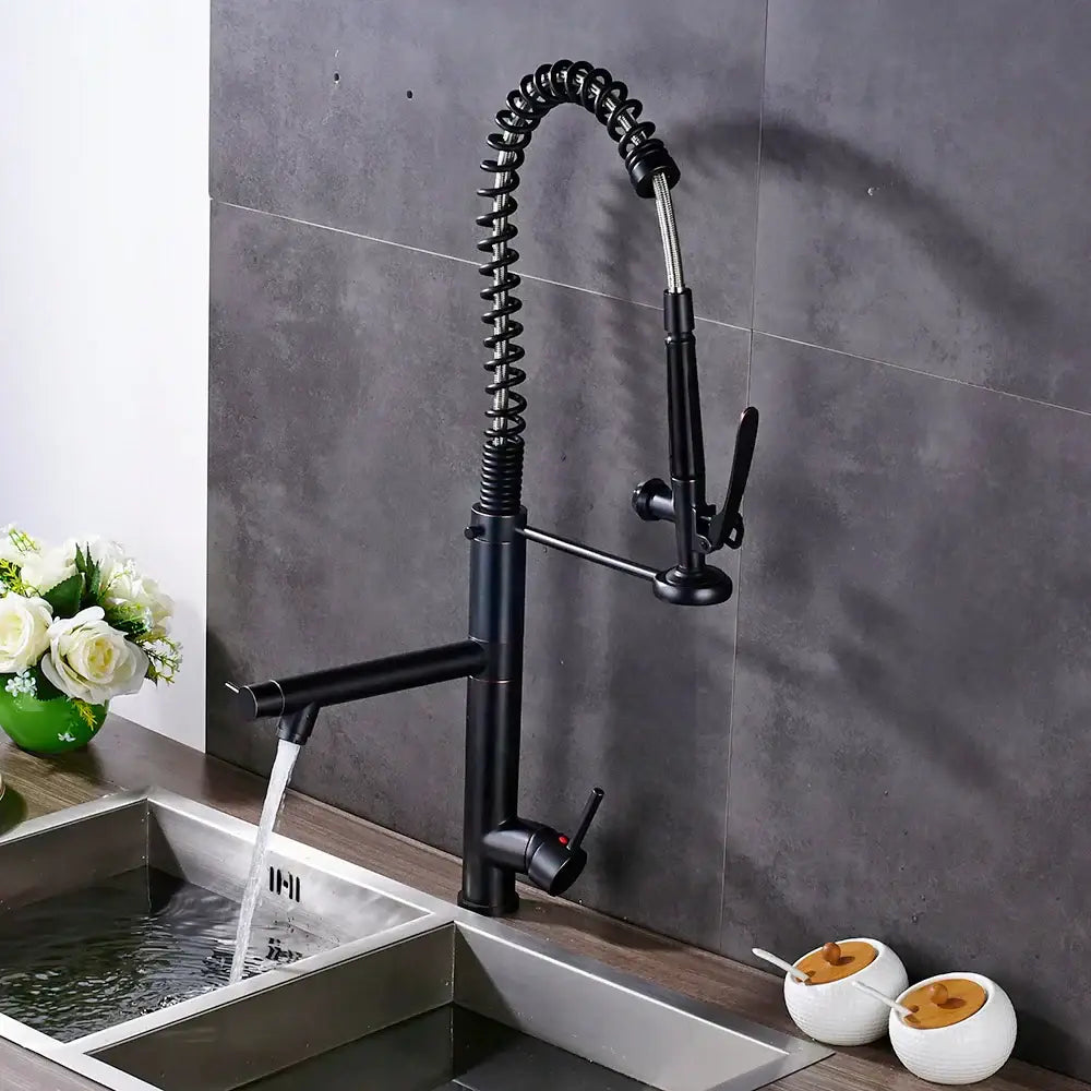 Black bronze kitchen mixer faucet with matte finish coiled extendable spout and pull down spray head for kitchen use