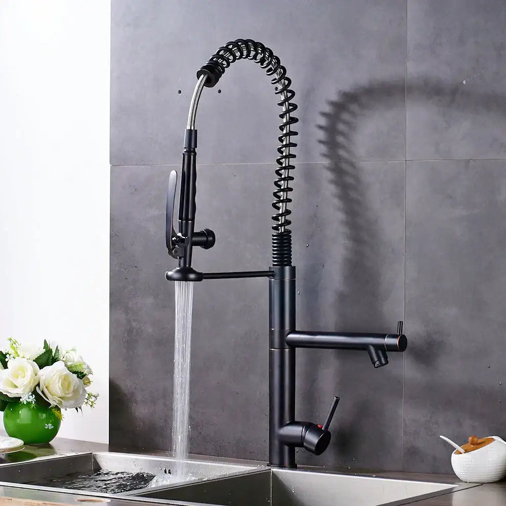 Black bronze kitchen mixer faucet with pull down spray head and black matte-finish coiled spring hose dual handles