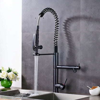Black bronze kitchen mixer faucet with pull down spray head and black matte-finish coiled spring hose dual handles